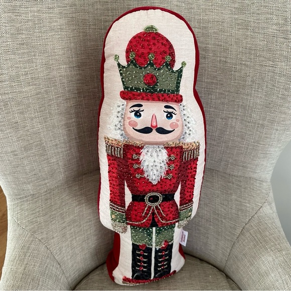 Nutcracker Oversized Holiday Christmas Beaded, Sequins & Velvet Throw Pillow - Picture 3 of 11